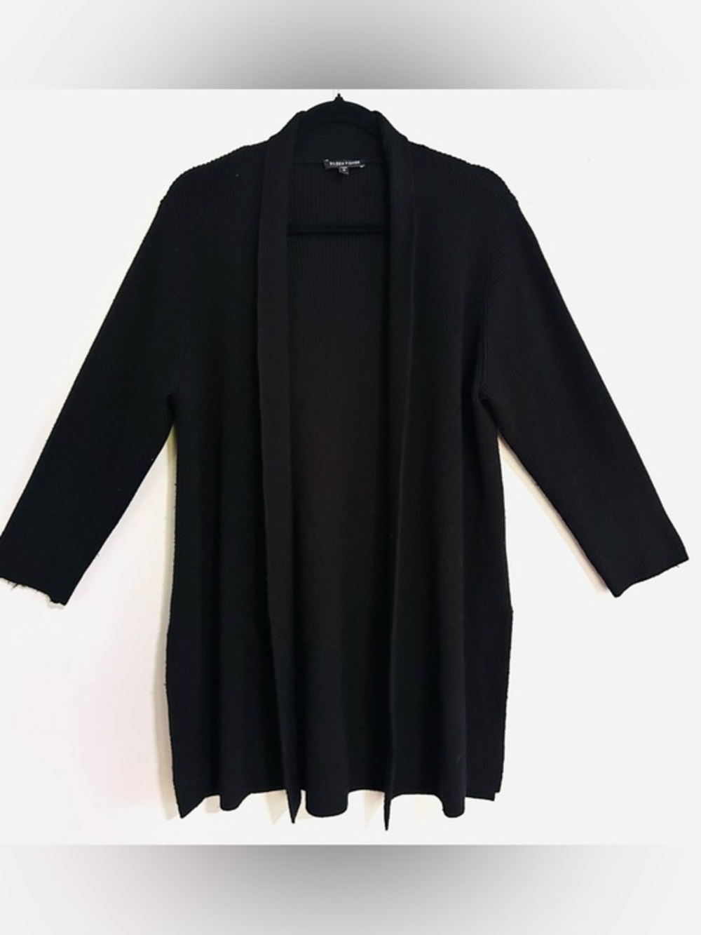 Eileen Fisher 100 Merino Wool Open Front Cardigan Black M Minimal Quiet Luxury
